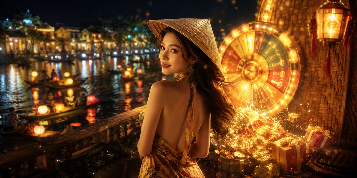 Cảnh phân tích trò chơi Roulette mang phong cách Hội An với nón lá truyền thống Việt Nam