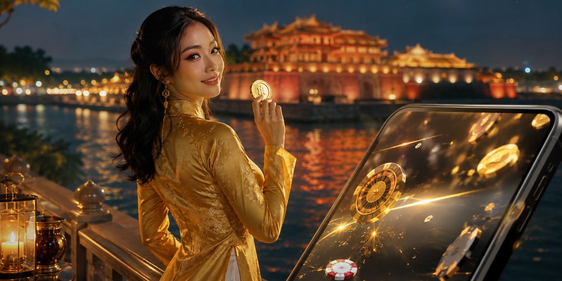 Người dùng tại Huế cầm điện thoại chơi casino mobile trong trang phục áo dài